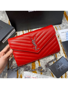 Saint Laurent Monogram Chain Wallet in Grained Leather 377828 Red/Silver 2021