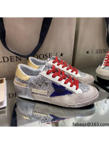 Golden Goose Super-Star Sneakers in Silver Glitter with Blue Suede Star 2021