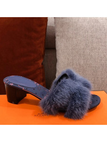 Hermes Oran Mink Fur Heeled Slide Sandals Navy Blue 2021