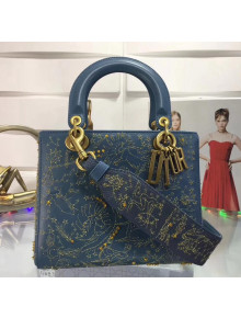 Dior Lady Dior Supple bag Embroidered with Gold Thread Denim Blue 2018