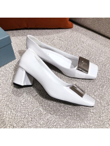 Prada Metallic Logo Leather Pumps White 2021