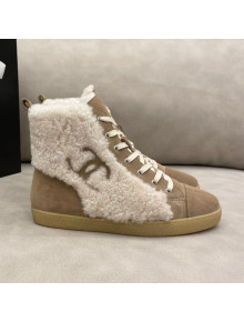 Chanel Suede and CC Shearling Wool Short Boots Brown 2020