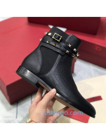 Valentino Rockstud Belt Grained Calfskin Flat Short Boots Black 2020