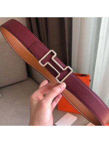 Hermes Tonight Reversible Leather Buckle Belt 38mm Burgundy/Khaki/Silver 2019