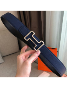 Hermes Tonight Reversible Leather Buckle Belt 38mm Blue/Black/Silver 2019