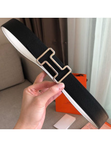 Hermes Tonight Reversible Leather Buckle Belt 38mm Black/White/Silver 2019