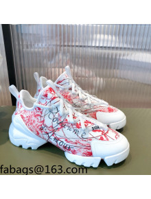 Dior D-Connect Dioramour Sneakers in D-Royaume d'Amour Printed Technical Fabric White/Red 2021