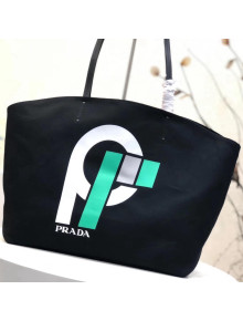 Prada Printed Canvas Large Tote with Lettering Print 1BG220 Black 2018