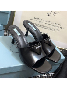 Prada Shiny Leather Heel Slide Sandals Black 2021