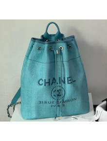 Chanel Mixed Fibers Striped Deauville Drawstring Backpack Bag Cyan 2020