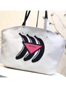 Prada Printed Canvas Large Tote with Bananas Logo Print 1BG220 White 2018