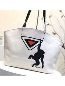 Prada Printed Canvas Large Tote with Monkey Logo Print 1BG220 White 2018