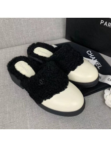 Chanel Leather Shearling Wool Flat Mules White 2020