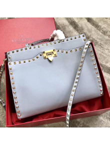 Valentino Smooth Calfskin Rockstud Large Top Handle Bag Light Blue Fall 2018