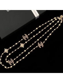 Chanel Double Cross CC Pearls Long Sweater Necklace White/Gold 2019