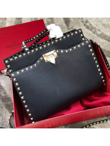 Valentino Grained Calfskin Rockstud Large Top Handle Bag Black Fall 2018