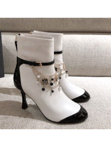 Chanel Leather Short Boots with Camellia Tassel Charm White 2020