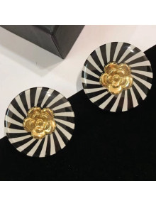 Chanel Camellia Stripes Round Stud Earrings White/Black/Gold 2019