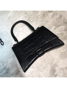 Balenciaga Hourglass Small Top Handle Bag in Crocodile Embossed Leather All Black 2019