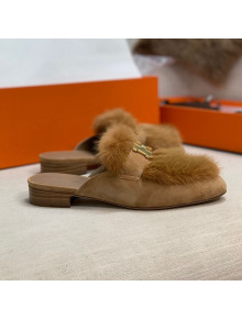 Hermes Suede Mink Fur H Flat Mules Brown 2020