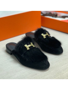 Hermes Suede Mink Fur H Flat Mules Black 2020