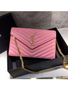 Saint Laurent 360452 Monogram Chain Wallet in Grained Matelasse Leather Pink(GHW)2019