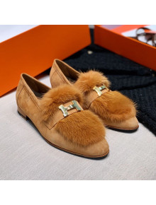 Hermes Suede Mink Fur H Flat Loafers Brown 2020