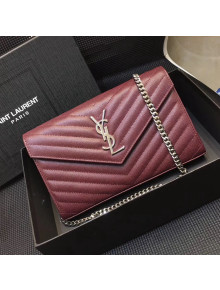 Saint Laurent 360452 Monogram Chain Wallet in Grained Matelasse Leather Burgundy (SHW)2019