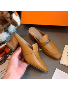 Hermes Blossom Goatskin Mid Heel Kelly Mules Light Brown 2020