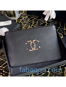 Chanel Logo Charm CC Leather Large Pouch Black 2020