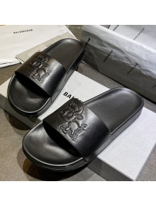 Balenciaga Leather Ox Flat Slide Sandals Black 2021 (For Women and Men)