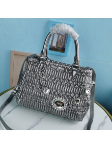 Miu Miu Crystal Cloque Matelasse Nappa Leather Top Handle Bag 5BA067 Silver 2021