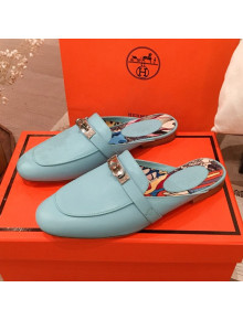 Hermes Classic Kelly Calfskin Flat Mules Blue 2020