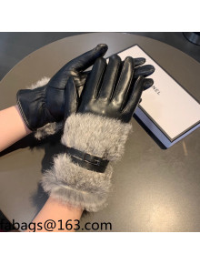 Chanel Lambskin and Rubbit Fur Gloves with Buckle Black 2021 10