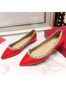 Valentino Rockstud Flat Ballerina in Patent Calfskin Red