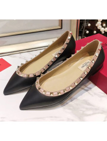 Valentino Rockstud Flat Ballerina in Smooth Leather Black