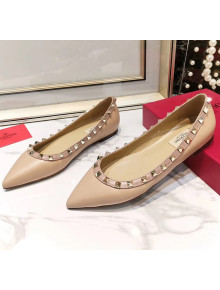 Valentino Rockstud Flat Ballerina in Smooth Leather Nude