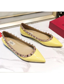 Valentino Rockstud Flat Ballerina in Patent Calfskin Yellow