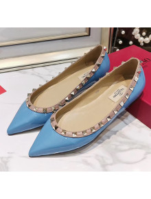 Valentino Rockstud Flat Ballerina in Patent Calfskin Blue