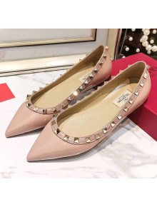 Valentino Rockstud Flat Ballerina in Patent Calfskin Pink