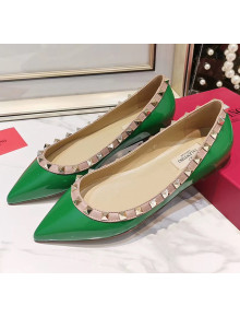 Valentino Rockstud Flat Ballerina in Patent Calfskin Green