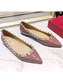 Valentino Rockstud Flat Ballerina in Patent Calfskin Pink 02 