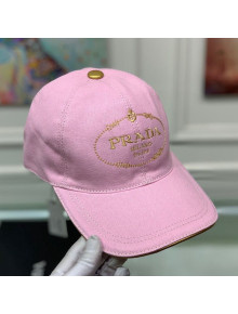 Prada Canvas Baseball Hat with Gold Logo Embroidery Pink 2020