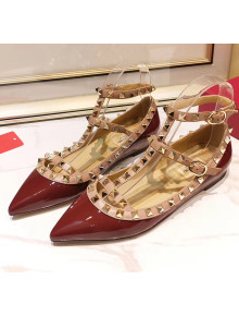 Valentino Patent Calfskin Rockstud Ballerina With Strap Burgundy