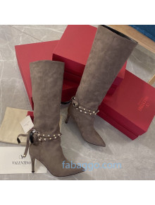 Valentino Rockstud Flair Suede Heel High Boots with Ties 80mm Grey 2020