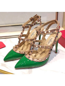 Valentino Patent Calfskin Rockstud Ankle Strap With 9.5cm Heel Green