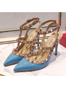 Valentino Patent Calfskin Rockstud Ankle Strap With 9.5cm Heel Blue