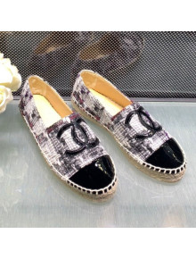 Chanel Tweed Patent Leather Flat Espadrille G29762 White/Gray 2019