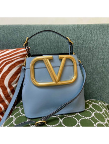 Valentino Supervee Calfskin Bucket Bag with Maxi VLogo Blue 2021 1122