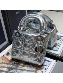 Dior Lady Dior Mini Bag in Silver Textured Metallic Leather 2021